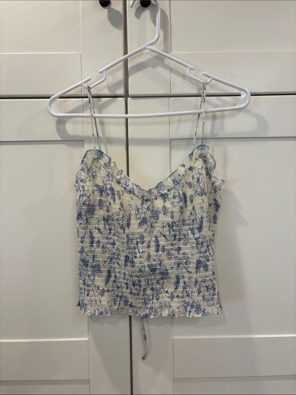 Astr Blue and Cream Smocked Floral Cami